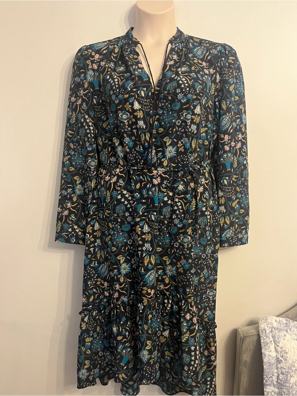 Floral Tie-Waist Midi Dress - Black with Teal & Gold Floral Print